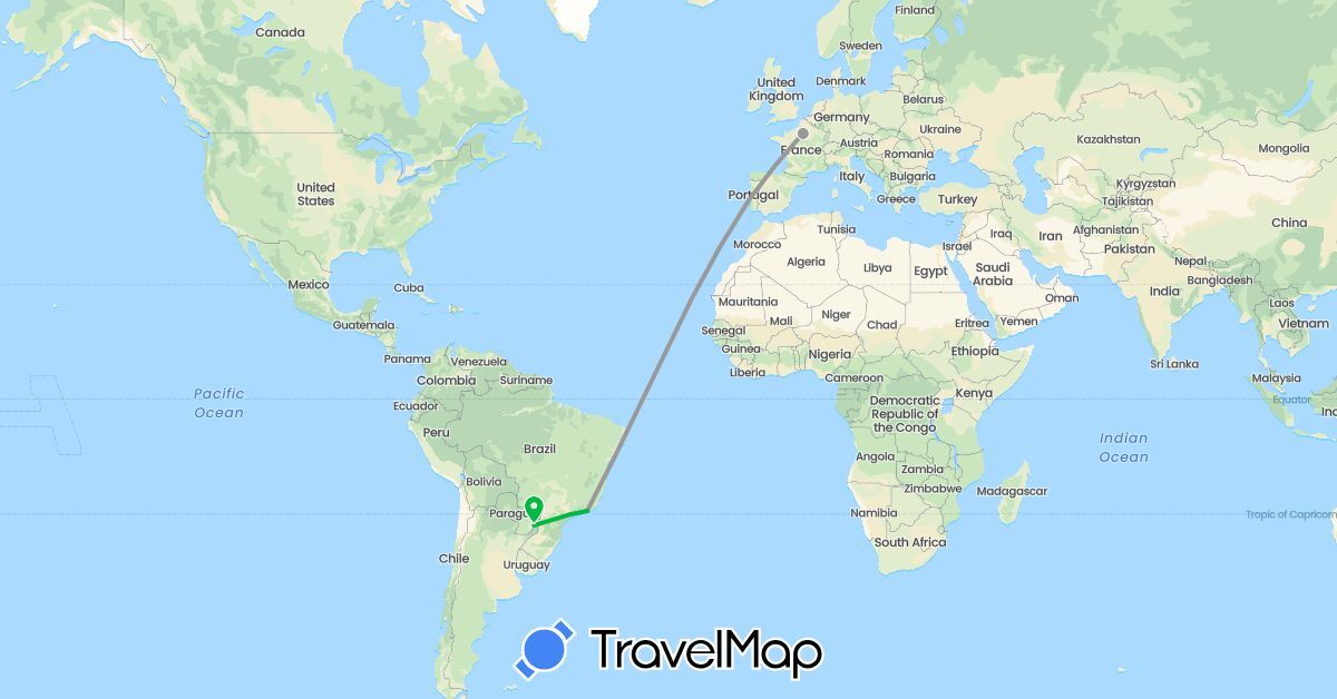 TravelMap itinerary: driving, bus, plane in Brazil, France, Portugal (Europe, South America)